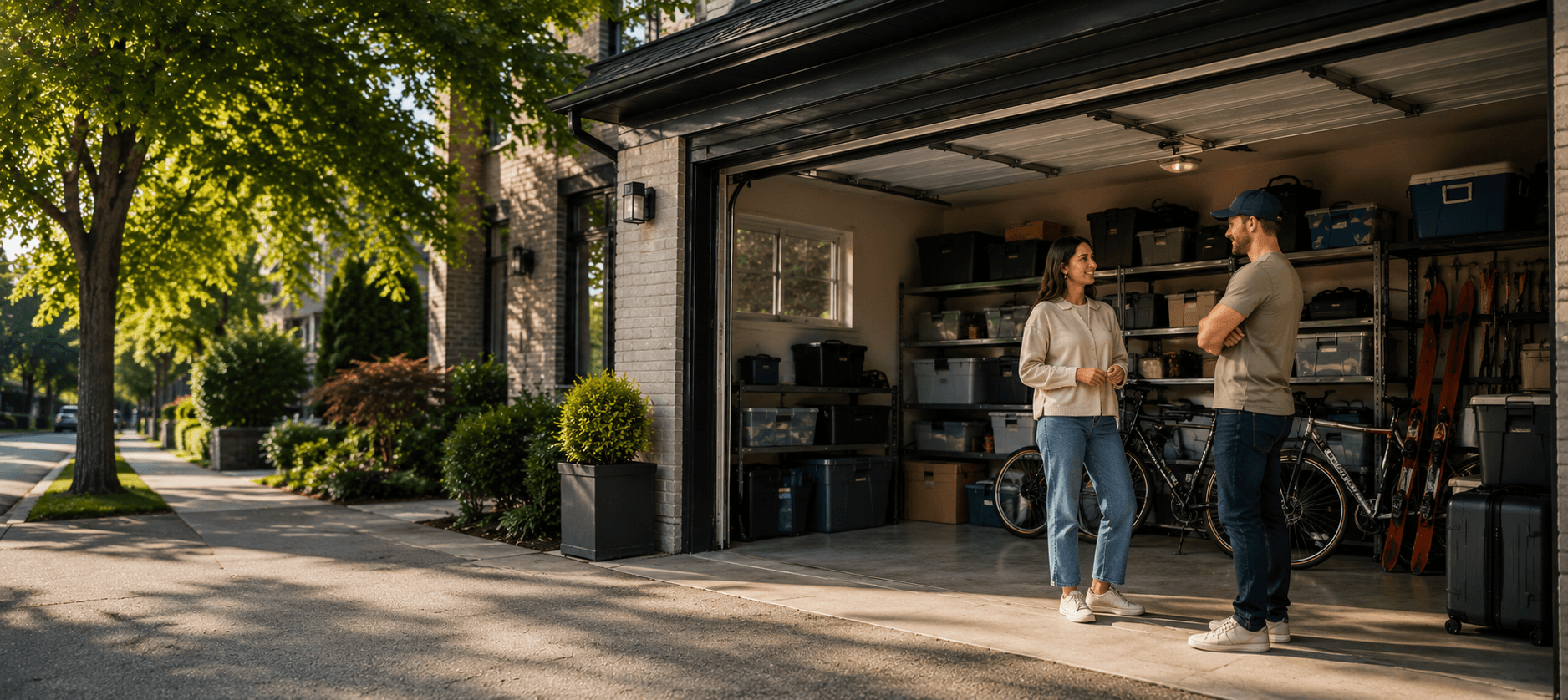 A host and a renter talking outside an open garage stacked with storage boxes